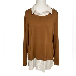 Adrianna Papell Brown 2in1 Layered Look ViscoseBlend Sweater with Gold Buttons L